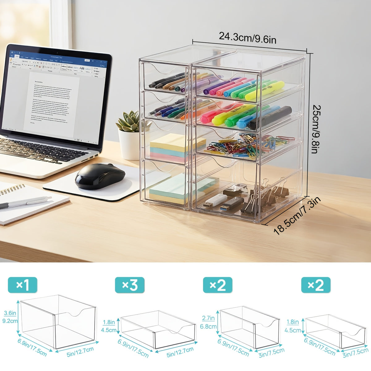Acrylic Organizer with 8 Drawers (2 Set)/16 Drawers (4 Set), Clear Storage Drawers for Office Supplies, Desk Organization And Storage for Makeup, Jewelry, Art Crafts, Desk & Drawer Organizer for Home Storage