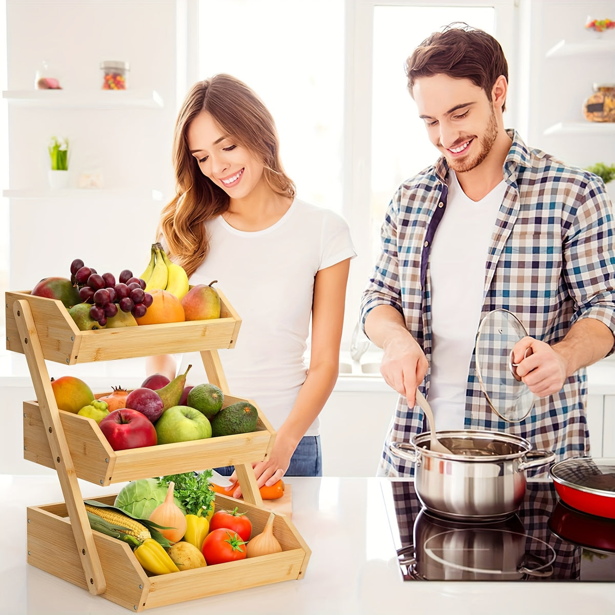 3/2-Tier Wooden Fruit Basket Stand - Large Capacity Kitchen Organizer with Open Slat Design for Vegetables, Bread & Produce | Multi-Level Countertop Storage Shelf - Easy Assembly & Natural Wood Finish