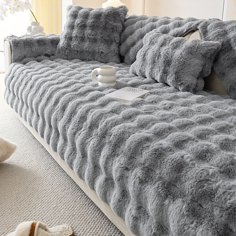 1pc Faux Rabbit Plush Sofa Cover, Winter Warm Thickened Plush Soft Sofa Cover, Pet Favorite, Dog Friendly Sofa Cover, Cushion Protection Cover, Anti Slip Sofa Furniture Protection Cover, Bedroom, Office, And Living Room Decoration Local Warehouse
