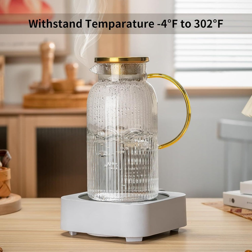 FBL&HM 2/4 PACK Glass Pitcher With 304 Stainless Steel Lid, 68 Oz/ 2 Liter Classic Vertical Stripes Water Pitcher, Glass Water Carafe For Cold Brew, Coffee, Lemonade, Iced Sun Tea, Beverage, Milk, Heat Resistant