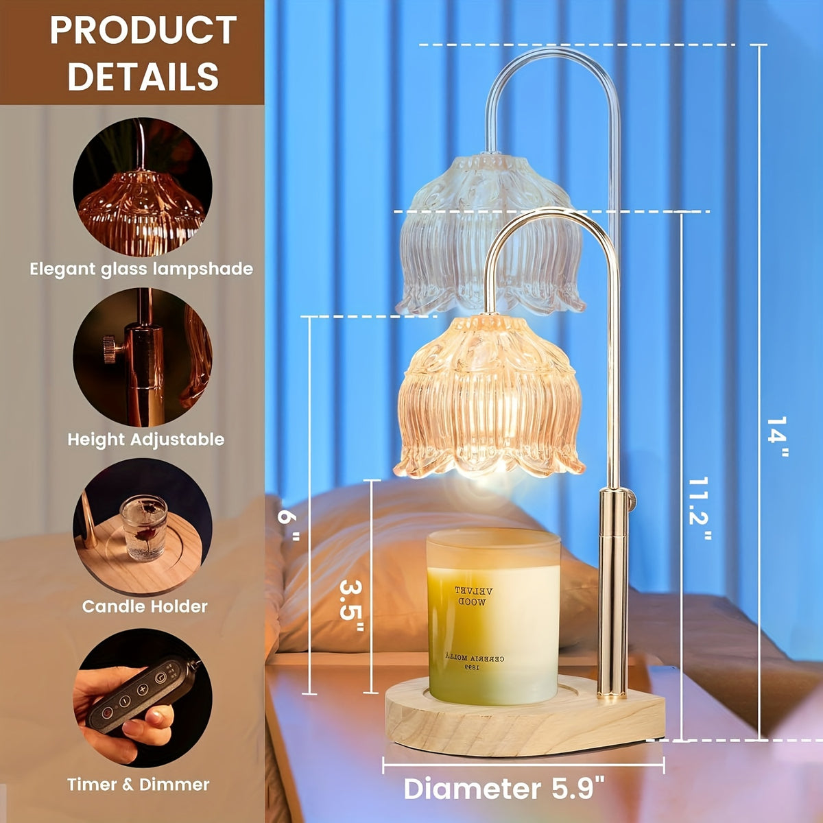 Wax-Melting Lamp, Candle Warmer, Crystal Candle Wax Warmer with 2/4/8-Hour Timer, Adjustable Temperature, Electric Candle Warmer Suitable for Scented Jar Candles, Elegant Homevalley Lily Shape, Father'S Day Gifts, Bulb Not Included