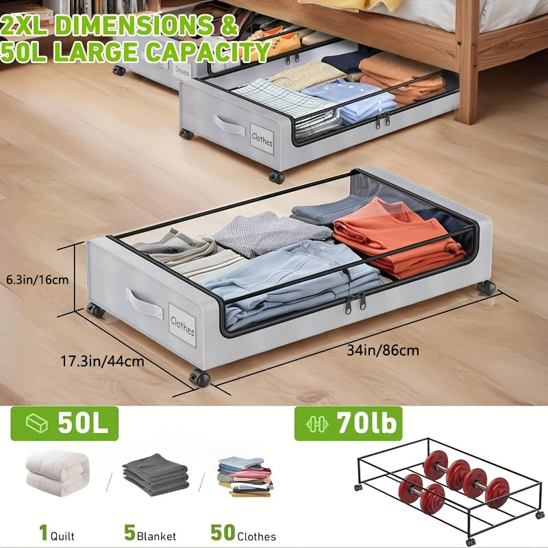2 Pack Rolling Underbed Storage Box, Under Bed Storage Bins, Under Bed Shoe Rack Organizer, Rolling Underbed Metal Drawer for Clothes, Blankets, Shoes,, Books, Bedding, Under-Bed Storage