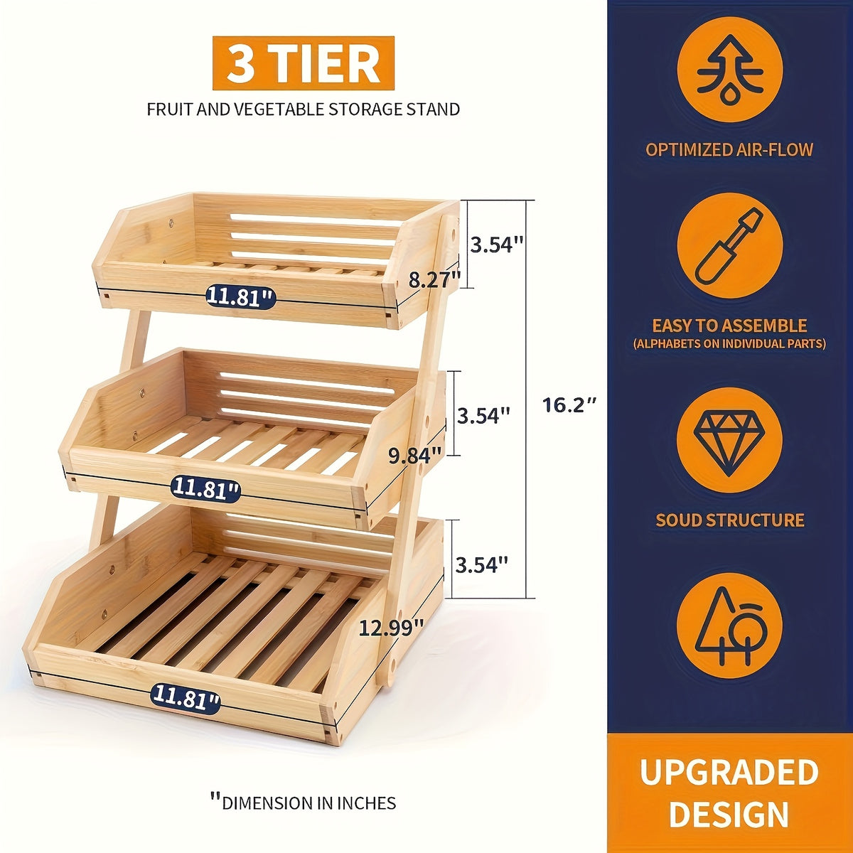 Stackable Bamboo Kitchen Organizer 2 Or 3 Tier Space-Saving Storage Rack for Fruits, Vegetables, Bread & Snacks Multi-Tier Bamboo Storage Basket Compact Stackable Display Tray for Kitchen, Pantry Holds Produce, Bakery & Snacks
