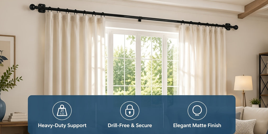 Curtain Rods No Drilling For Windows, 5/8 Inch Diameter Drapey Pole With No Drill Curtain Rod Brackets (2pcs, Black, 30 To 45")