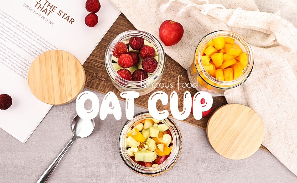4/6-Pack Overnight Oats Containers with 4/6pcs Spoons And Bamboo Lids, Glass Jars with Airtight Lids for Meal Prep, Wide Mouth Mason Salad Jars, Glass Food Storage Container for Yogurt Chia Snacks Spice Sugar