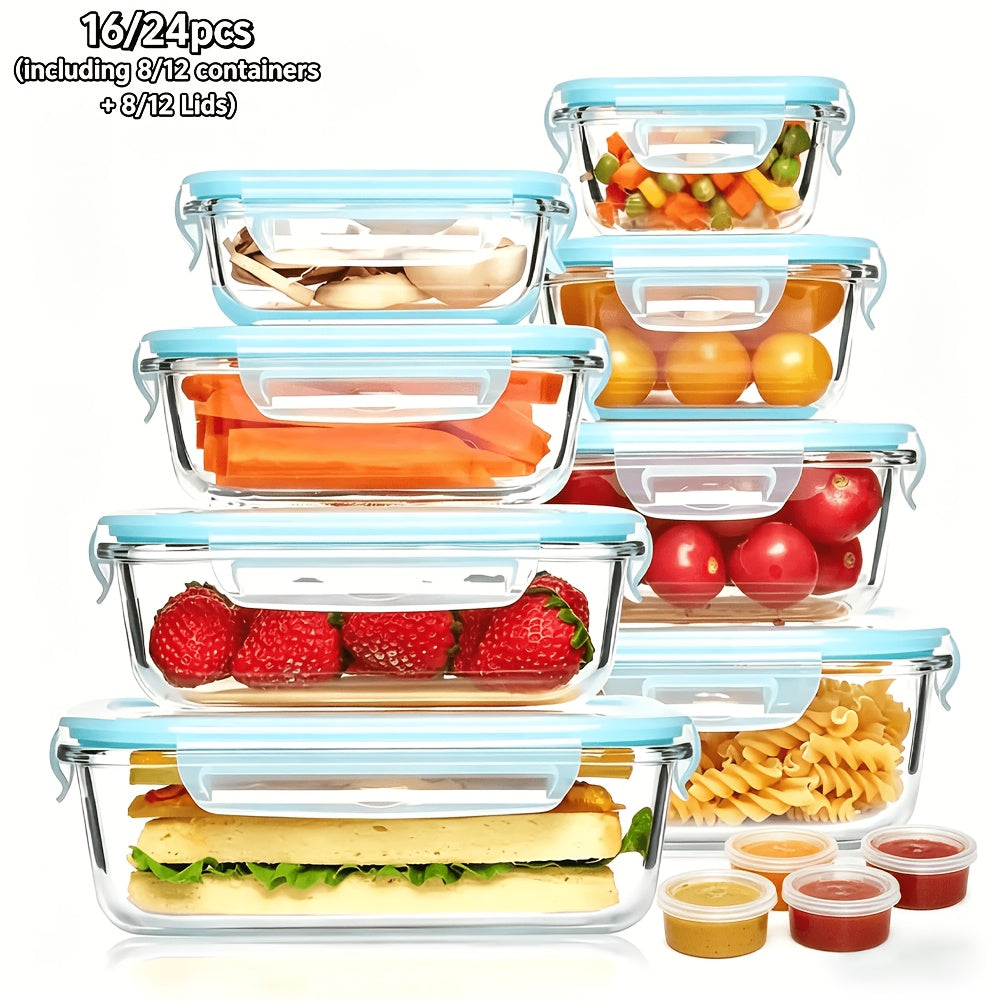 24/16pcs (12/8 Lids+12/8 Containers) Sealed Glass Food Storage Container, Outdoor Picnic, Lunch Box, Microwave, Oven, Perfect For Salads, Fruits, Vegetables, And Sandwiches, Lunch Box | Sealed Storage | Durable Glass, Food Storage Container