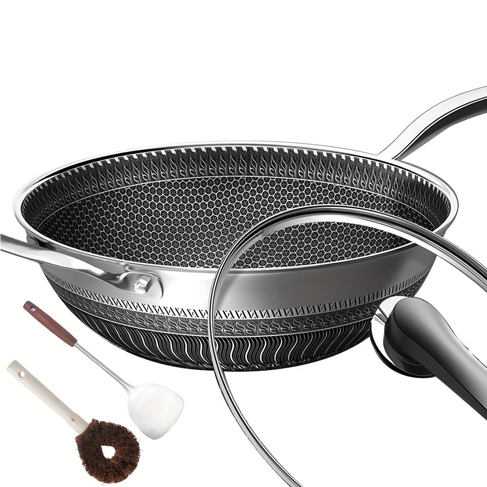 13.3-Inch Tri-Ply Stainless Steel Non-Stick Wok with Lid And 2pcs Cookware Additions, Honeycomb Design, Home Cooking Pan, Suitable for All Stoves, Kitchen Utensils, Kitchen Tools, Kitchen Accessory, Kitchen Supplies Camping