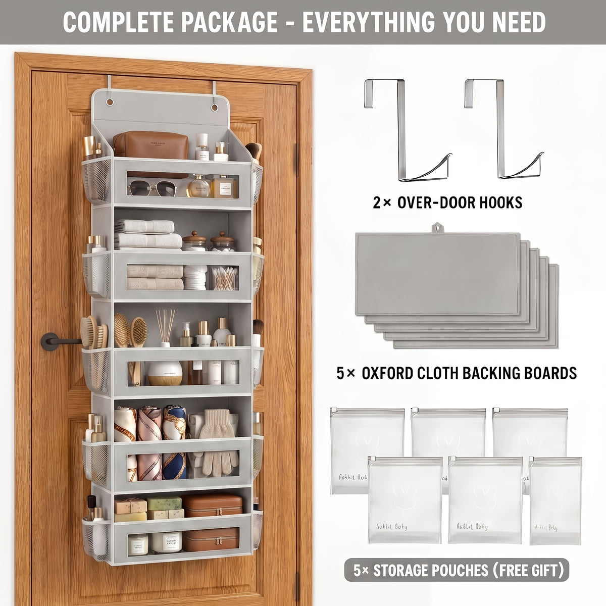 [5-Tier Storage Box] Door Storage Box, Hanging Door Storage Box with 5 Large Capacity Pockets | Anti-tilt 44 Pound Load Back Of Door Storage Box for Bedroom, Bathroom, Pantry, Room Storage And Collection Use Over The Door Pantry Organizer