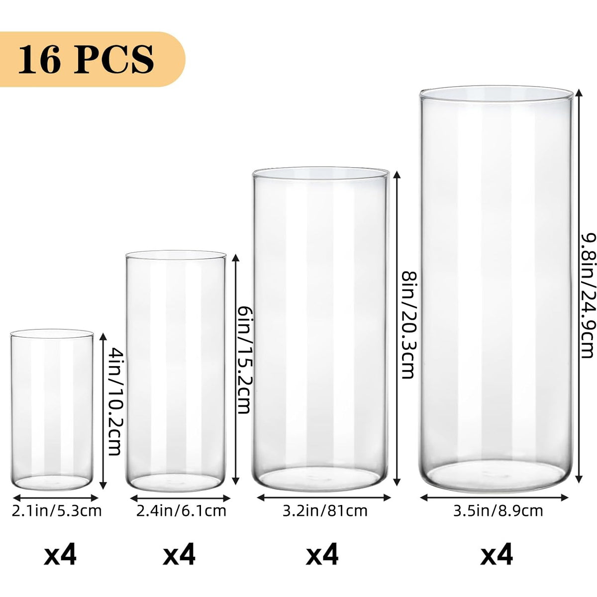 WHONLINE 16pcs Clear Glass Cylinder Vases, 4, 6, 8, 10 Inch Tall Cylinder Vases for Party Centerpieces, Hurricane Floating Candle Holder Vase for Table Shelf, Party, Collectible Buildings & Accessories，Wedding, Home Decor