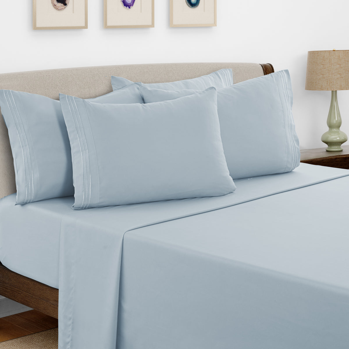 Lux Decor 6 Pieces Solid Bed Sheets Set - Modern Soft Comfortable Bedding Set, Hotel Luxury Skin Friendly Cooling Sheets & Embroidered Pillowcases Without Filler - All Seasons Bed Sheet with 16 Inches deep Pocket, Breathable Skin Friendly & Cooling Sheets