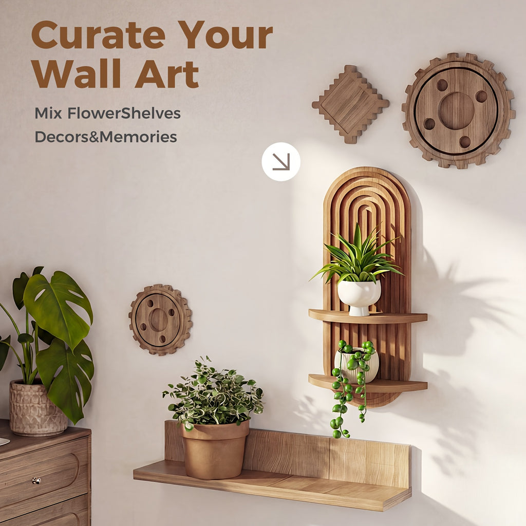Plant Shelf Mid-Century Modern 1-2 Tier 15In Brown Wood Floating Shelves Wall Planter Holder & Boho Decor Hanging
