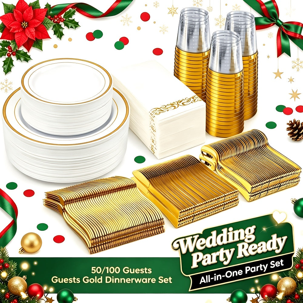 Set of 350/700 Golden/Silver Disposable Plates for 50/100 Guests, Disposable Plastic Plates for Parties, Wedding, Graduation, Birthday, Dinnerware Set of Dinner Plates, Salad Plates, Cutlery, Cups And Napkins