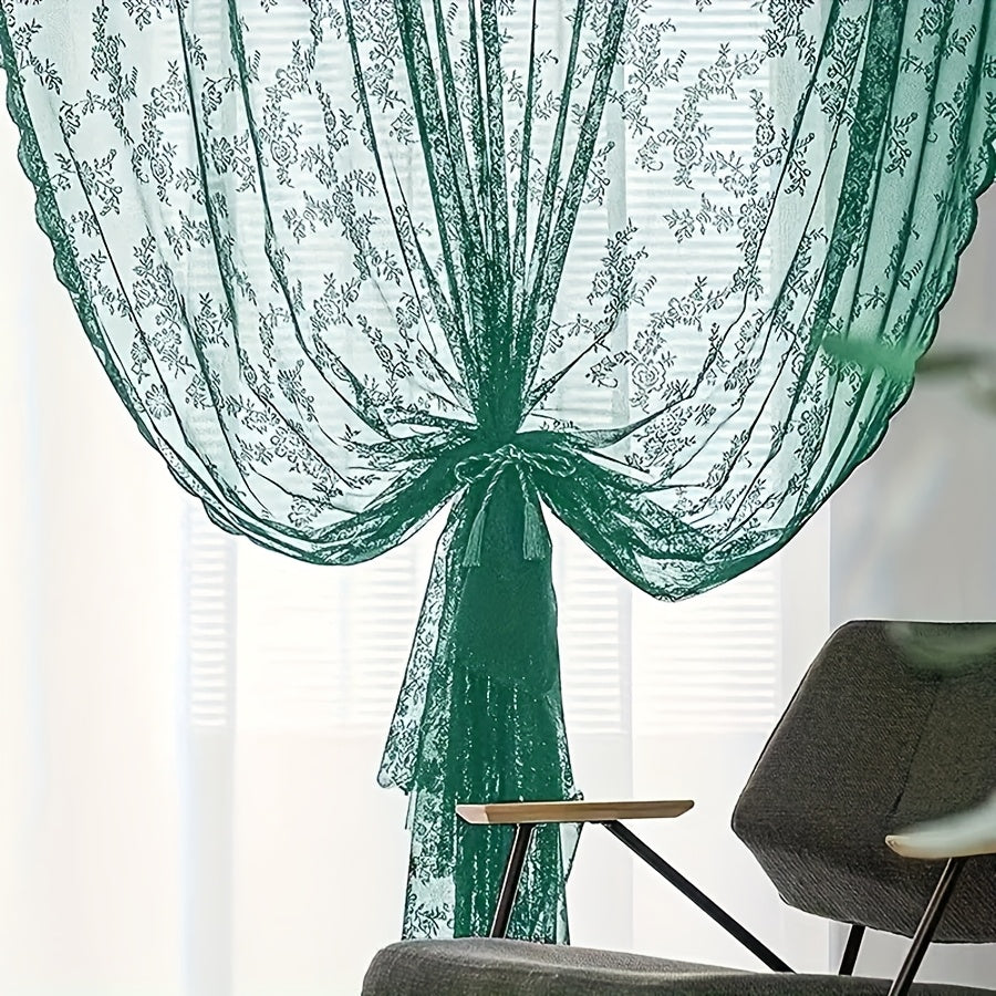 1pc White Lace Door Curtain with Wave Edge, Semi-Sheer Polyester Rod Pocket Curtain for Home And Outdoor Use, Vintage Style with Floral Pattern, Semi-Sheer Curtains | Vintage Curtain Design | Embroidered Detailing