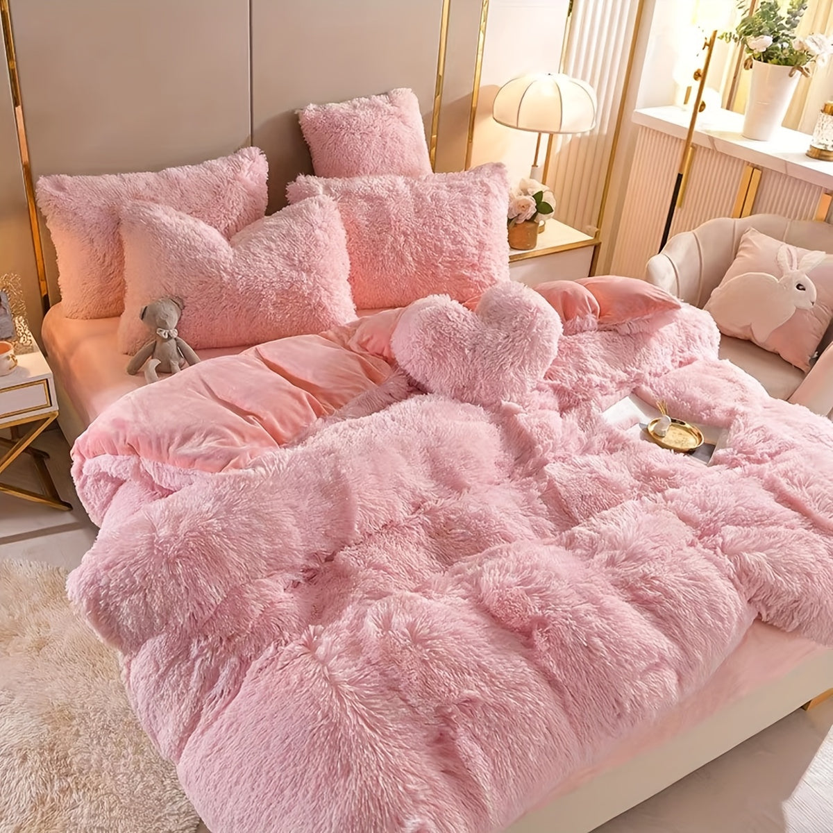 4pcs Fluffy Comforter Cover Set Queen King, Soft Plush Duvet Cover Set with Pillow Shams, All Season Cozy Bedding, No Insert