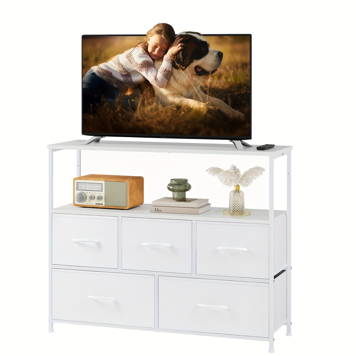 5-Drawer Cabinet Tower, Father'S Day Gift, TV Stand for Bedroom, TV Dresser for 45 Inches, Media Console Table, Entertainment Center with 5 Fabric Drawers Cabinet And Open Storage Shelf Other (Furniture) Cabinet for Living Room, Hallway