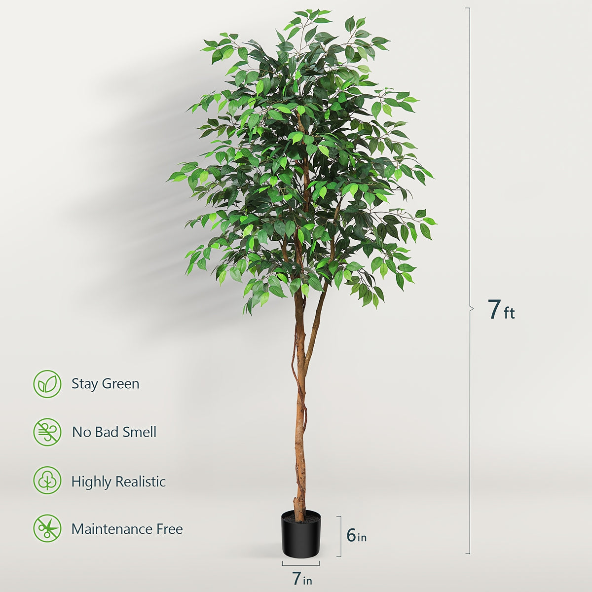 Tall Artificial Ficus Tree - Fake Greenery Potted Plant with Natural Wood Trunk And Lifelike Leaves-Elegant Indoor Outdoor Living Room Home Decor