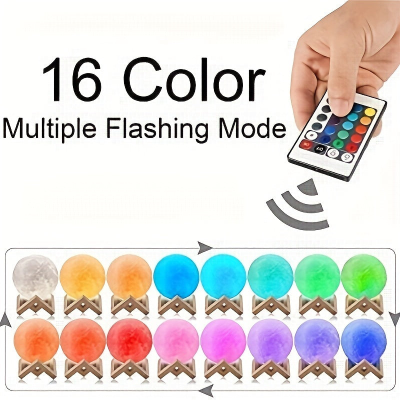 LED Moon Lamp with Remote, 6.1-Inch 3D Printed 16-Color RGBW Night Light with Wooden Stand and USB Power for Bedroom Decor and Birthday Gifts