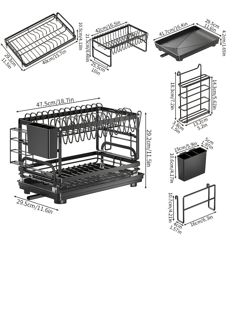 Two-tier Metal Kitchen Countertop Dish Rack Is Space-saving And Durable. It Comes with A Knife And Fork Holder, A Cup Rack, A Cutting Board Holder, And A Rust-proof Draining Tray. It Organizes Your Tableware And Helps Keep Your Kitchen Neat And Tidy.