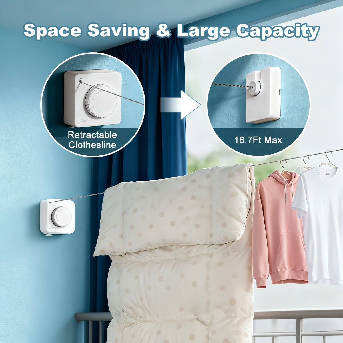 1/2pcs Retractable Clothesline Indoor Non-Sagging Outdoor Clothes Line Retracting Heavy Duty Clothes Drying Laundry Line Wall Mounted Stainless Steel Line-15.1 Feets(Square-Gray), Clotheslines