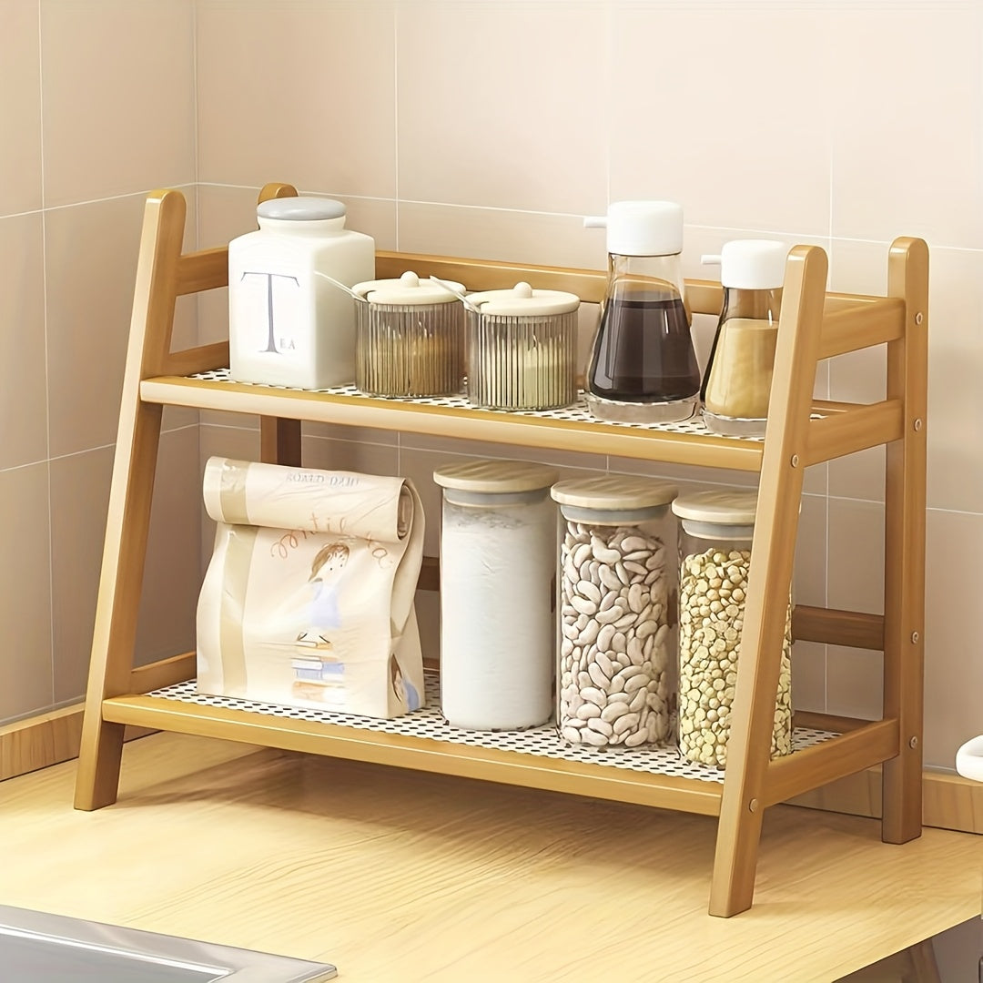 2-Tier Wooden Storage Rack - Modern Vintage Cream Trapezoid Shelf | Wood End, Multi-Purpose Countertop Organizer for Kitchen, Office, Bedroom And Dorm | Perfect for Coffee Mugs And Daily Essentials - 1/2pcs (Large Medium)