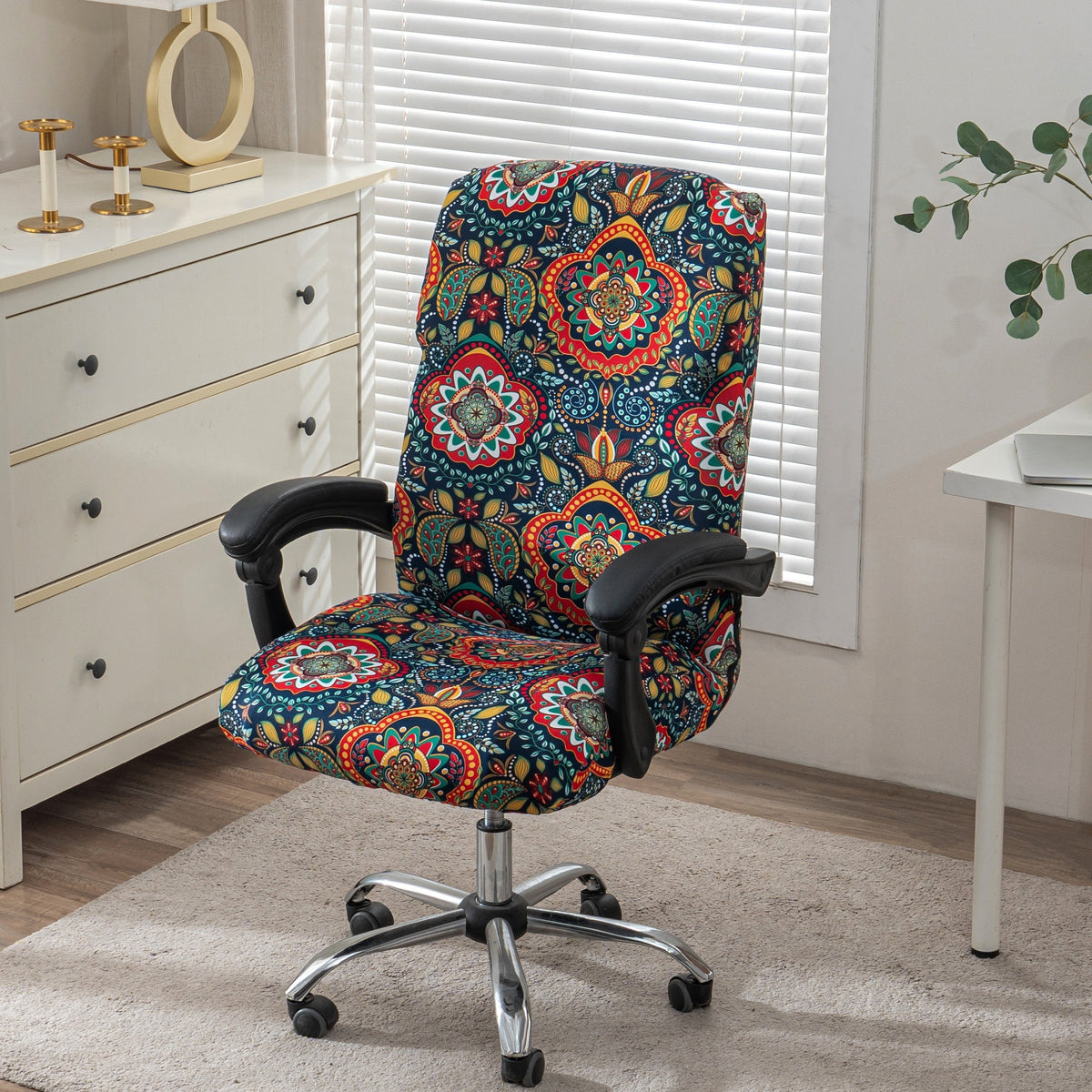 Office Chair Cover with Zipper, Printed Stretch Spandex Desk Chair Slipcover, Removable Washable Dust Protector for Home Workspaces