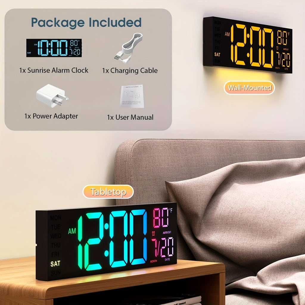 16.5'' Large Digital Wall Clock with Remote Control, Big LED/2 Alarms/8 RGB/Auto Brightness/Date/Auto DST/Temperature/Ambient Light/Dimming/Timer, Gym Clocks for Living Room, Bedroom, Office, Kitchen Home Decor, Easter Decorations, Mother's Day Gifts