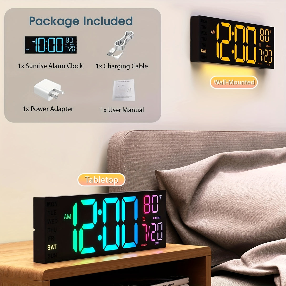16.5'' Large Digital Wall Clock with Remote Control, Big LED/2 Alarms/8 RGB/Auto Brightness/Date/Auto DST/Temperature/Ambient Light/Dimming/Timer, Gym Clocks for Living Room, Bedroom, Office, Kitchen Home Decor, Easter Decorations, Mother's Day Gifts