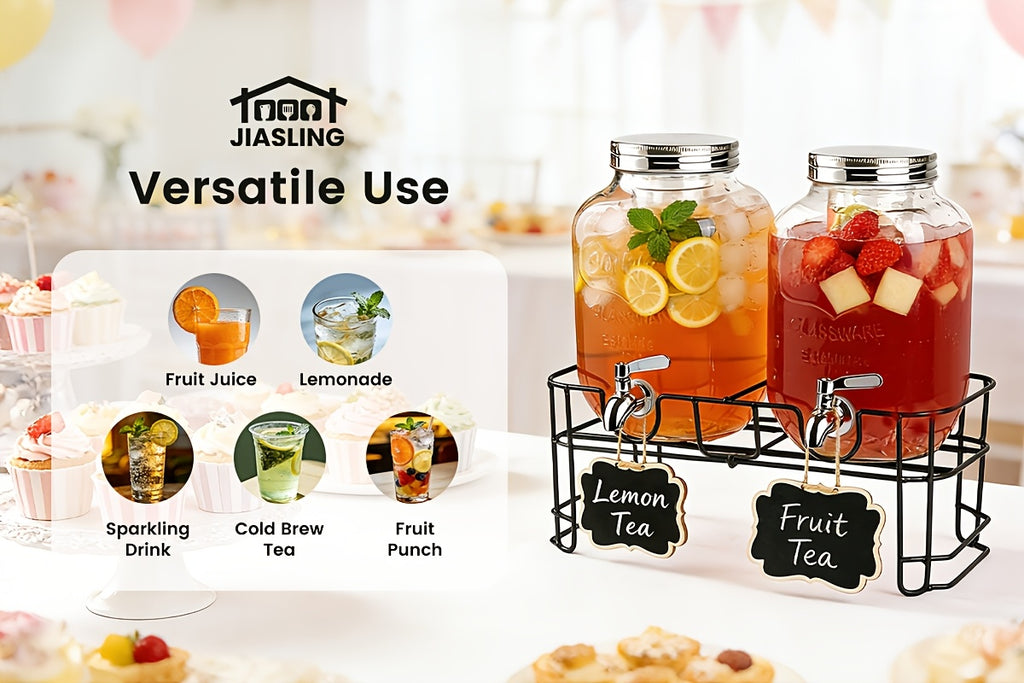 2-Pack 1 Gallon Glass Drink Dispensers for Parties, Beverage Dispenser, Glass Drink Dispenser with Fruit Infuser And Stand And Stainless Steel Spigot, Lemonade Dispenser with Ice Cylinder for BBQ, Picnic, Party, Weddings, And Events