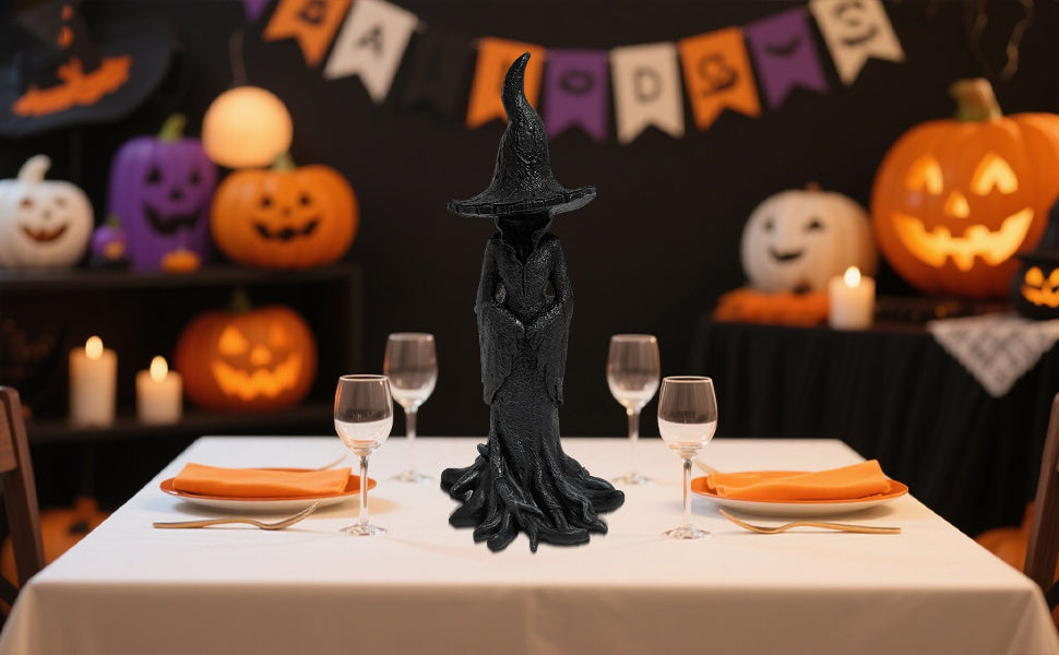 12 Inches 8 Inches Gothic Witch Statue - Hand-Painted Style Plastic Tabletop Decor with Black & Golden Gothic Design, Intricate Witch Figure with Pointed Hat & Expressive Eyes Year-Round Spooky Home Accent for Witch-Themed Parties & Gothic Home Decor