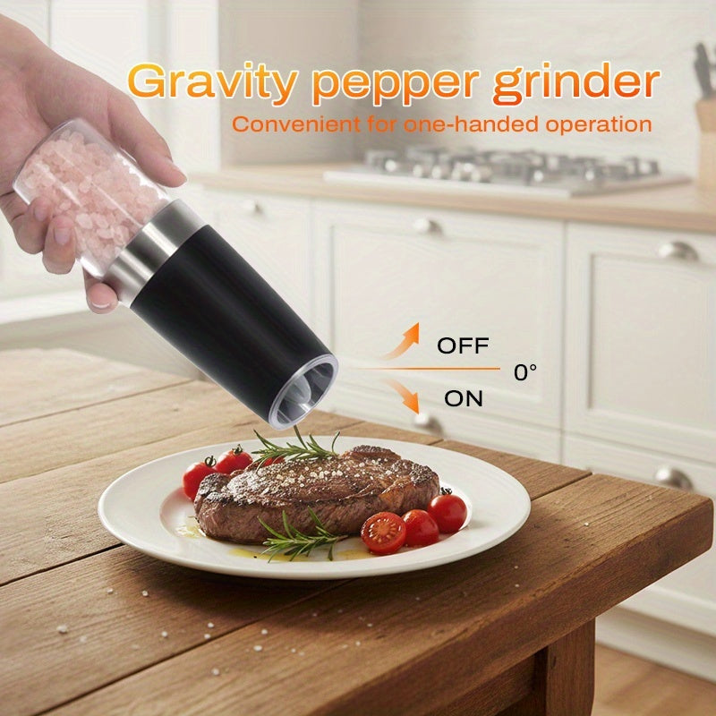 2pcs Gravity-sensing Electric Salt And Pepper Grinder Set, Battery-powered LED Light, One-hand Operation, Local Fast Delivery, Adjustable Coarseness Grinder, Black Kitchen Gadget, Salt And Pepper Grinder Electric 2pcs, Birthday Gift