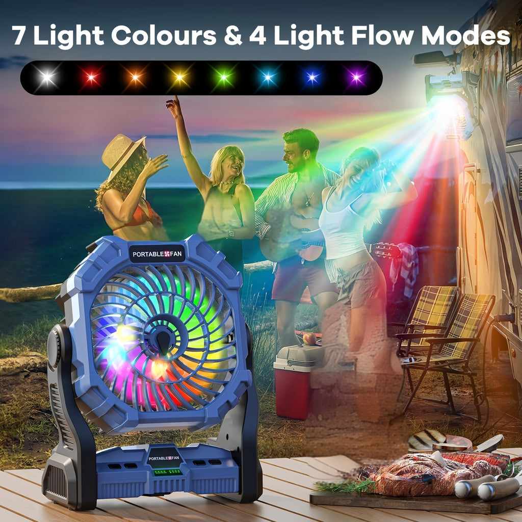 Rechargeable Misting Camping Fan, 20000mAh Portable Outdoor Fan with 4 Speeds, 200ml Water Tank, RGB Lighting and USB Output for Tent and Patio Use
