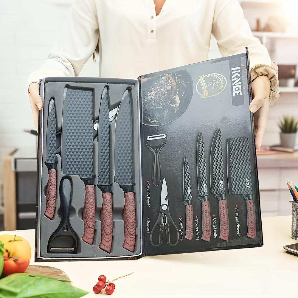 Professional 6pcs Kitchen Knives Set, Chef, Cleaver, Slicer, Utility Knife Peeler& Scissors High Carbon Stainless Steel Ultra Sharp with Non-Stick Ergonomic Wood Handle Cooking Chef Knife Set for Home Travel Vegetable, Meat, Fruit Gift Box