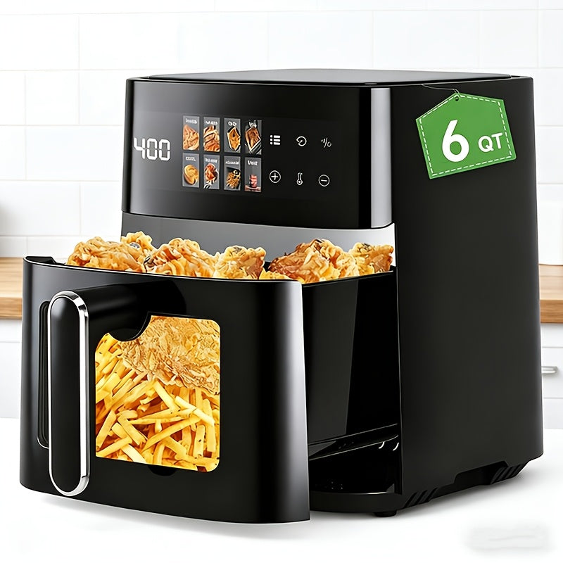 6-Quart Air Fryer - 8-in-1 Electric Hot Air Oven with LED Touchscreen, Non-stick Fry Basket, And 1350-watt Power. This Large-capacity Air Fryer Features 360° Hot Air Circulation, A Clear Touchscreen, And Integrated Heat-insulated Handles. Black.
