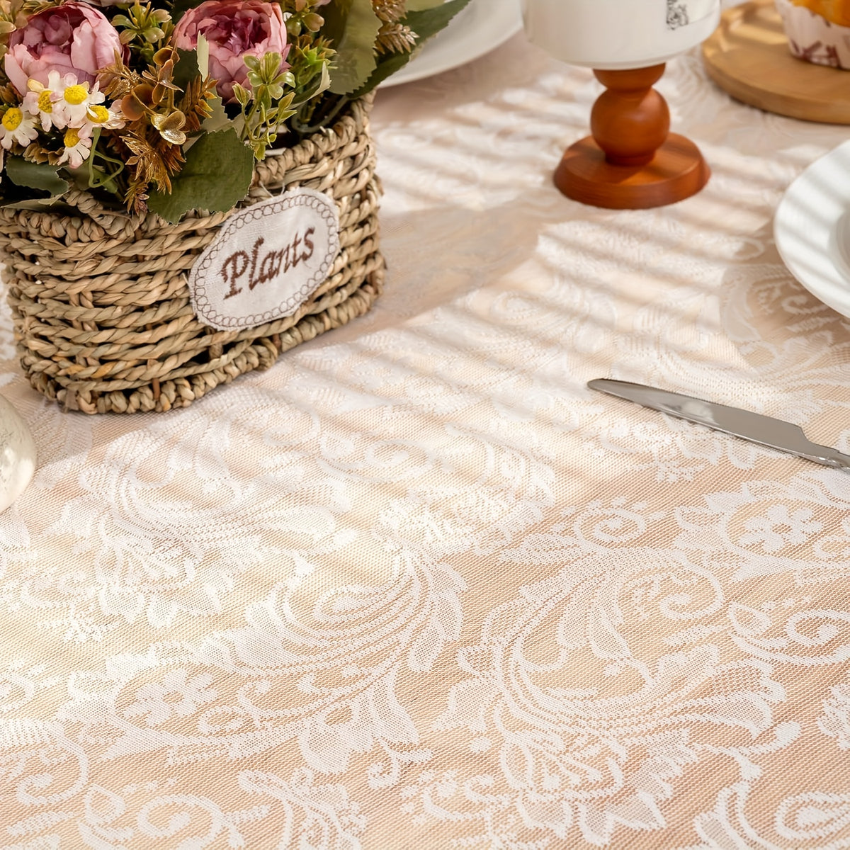 Elegant White Lace Tablecloth with Intricate Phoenix Tail Flower Embroidery - Perfect for Weddings, Receptions, Dinners, and Home Decor - Polyester, Rectangular, Machine-Made, Holiday Table Setting|Floral Lace Design|Polyester Fabric