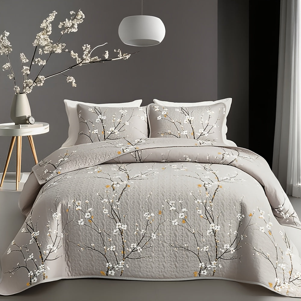 2/3pcs Multicolour Tree Branch Plum Blossom Quilted Quilt, 1pc Quilted Quilt+ 1/2pcs Pillowcases, Soft Breathable Comfortable Portability Hypoallergenic Machine Washable Bed Cover Bedding Room Decor, Twin/ Queen/ King Size