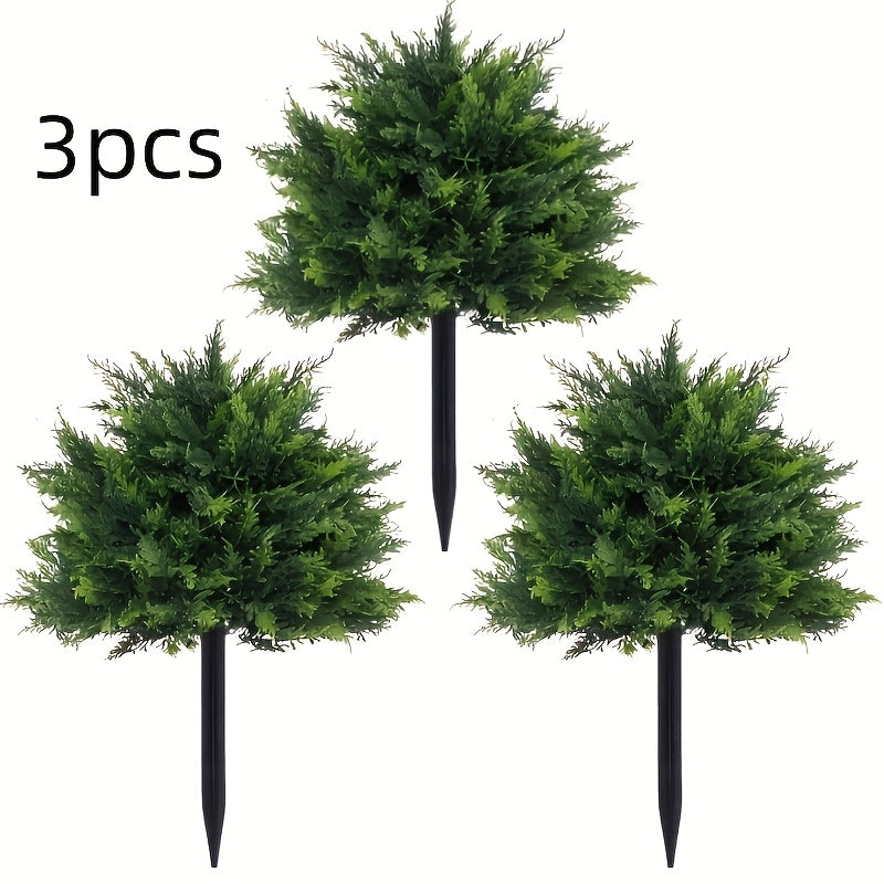 3 Large Artificial Cedar Shrubs with Ground Spikes, UV-Resistant Faux Cypress/Pine Shrubs, Outdoor and Indoor Porch Garden Decoration, All-Season Holiday and Home Outdoor Decoration, Durable Plastic Artificial Greenery