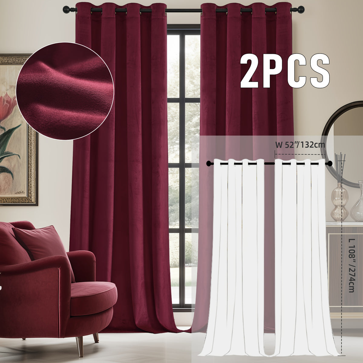 2pcs Velvet Room Darkening Curtains | Vintage Soundproof and Thermal Insulated, Elegant Soft Velvet Grommet Top Curtains for Living Room and Bedroom, Unlined, Solid Color, Fashionable Valentine'S Day Décor
