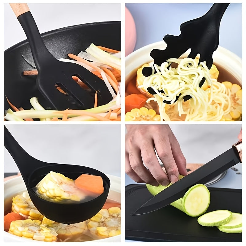 19pcs Non-Stick Silicone Cookware Set with Bamboo Storage Containers And Knives - Heat-Resistant Pots, Pans, Utensils - Kitchen Tools for Frying, Boiling - for Induction Stovetops And Ovens (Wooden Handle)