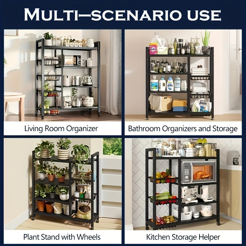 1pc Movable Storage Rack, Adjustable Kitchen Shelf with Baskets, Kitchen Organizer And Storage, Metal Shelf Rack with Wheels, Suitable for Garage, Pantry, Bathroom, Closet, Warm House Gift, New Home, Standing Shelf, Utility Racks