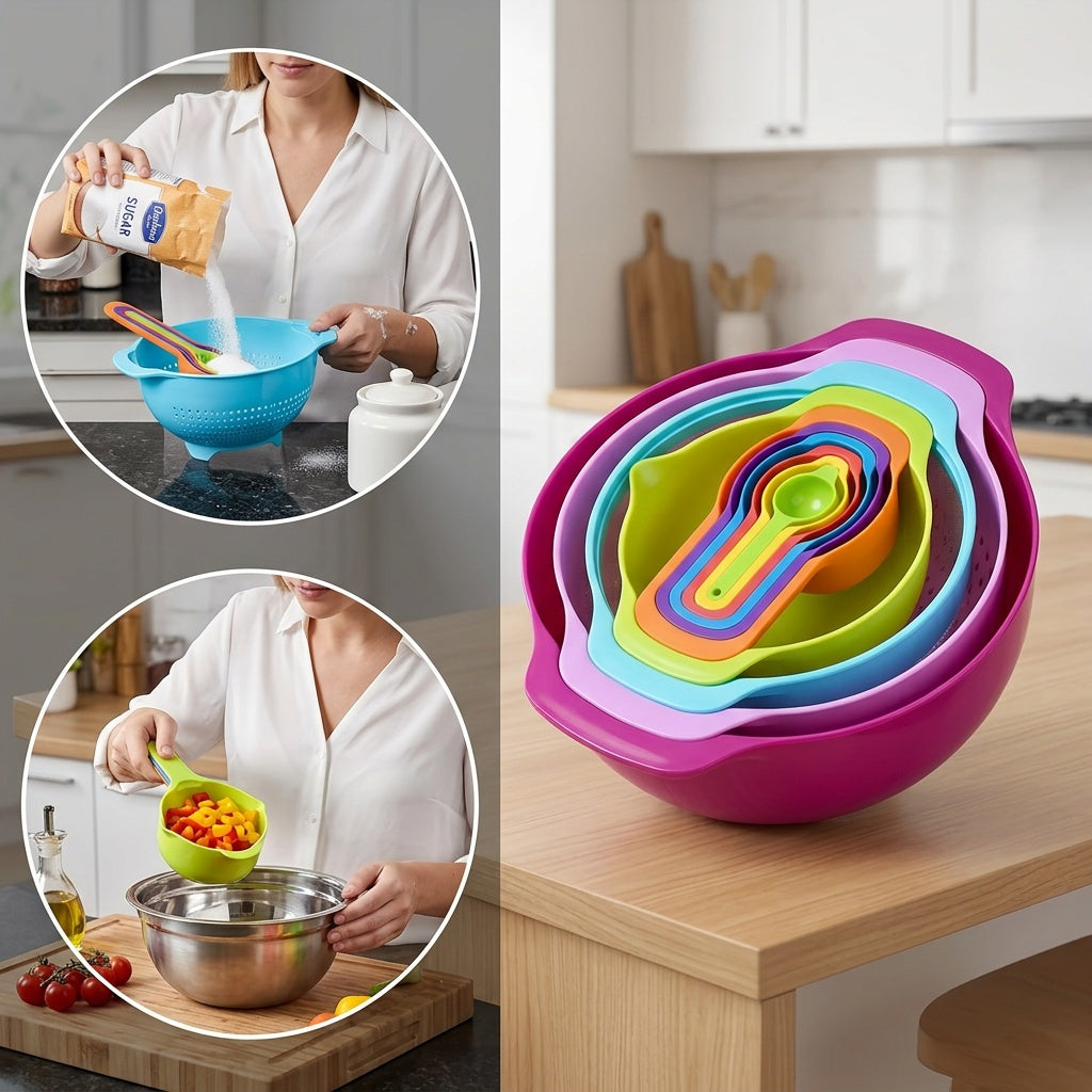 10pcs/Set Mixing Bowl, Colour Measure Cup And Spoons, Salad Bowl Set, Plastic Measuring Cups Set, Nesting Bowl, Baking Measurement Utensil, Kitchen Measuring Colander, Colander Sifter Tool, Kitchen Tool, Baking Tools, Back To School Supplies