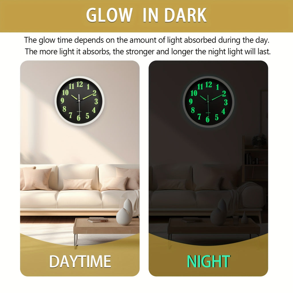 8-16 Inch Modern Black Glow-in-the-Dark Wall Clock, Silent No-Ticking, Battery Powered, Decorative Clock for Living Room, Bedroom, Office & Kitchen, Plastic Frame with High-Transparency Glass Mirror, Perfect Christmas & Housewarming Gift