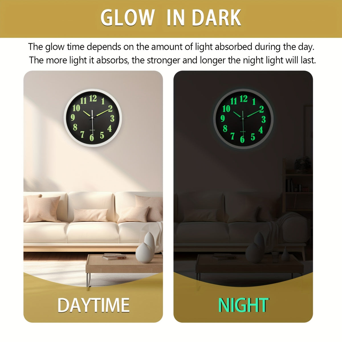 8-16 Inch Modern Black Glow-in-the-Dark Wall Clock, Silent No-Ticking, Battery Powered, Decorative Clock for Living Room, Bedroom, Office & Kitchen, Plastic Frame with High-Transparency Glass Mirror, Perfect Christmas & Housewarming Gift