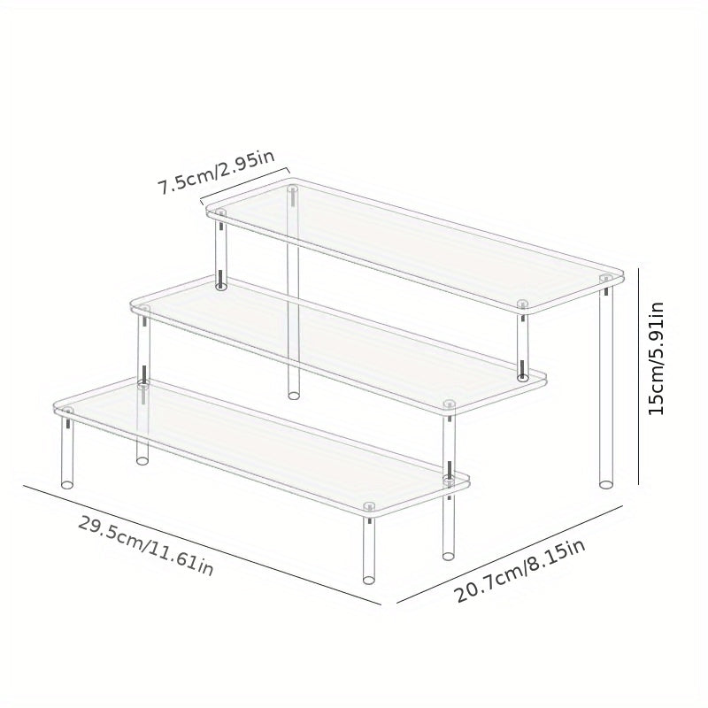 Three-Level Transparent Acrylic Display Rack - Robust Multi-Section Organizer for Cosmetics, Additions, Fragrances & Desserts - Easy to Assemble Home Decor Shelf with Strong Build, for makeup Presentation Stand, Jewelry Display, Elegant Design