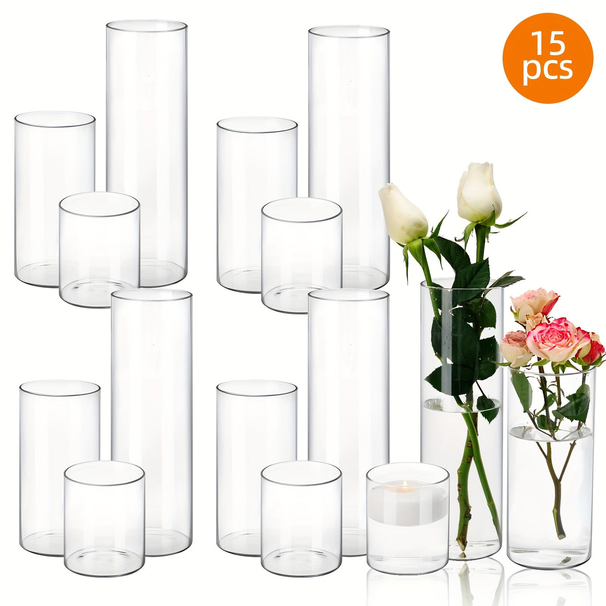 TOMNK 15/18/24/48pcs Glass Cylinder Vase in 3 Different Sizes (4In/8In/12In H), Clear Candle Holder, Tall Clear Vases for Halloween Decorations, Wedding & Party Centerpieces, Glass Flower Vase for Home Decor Party