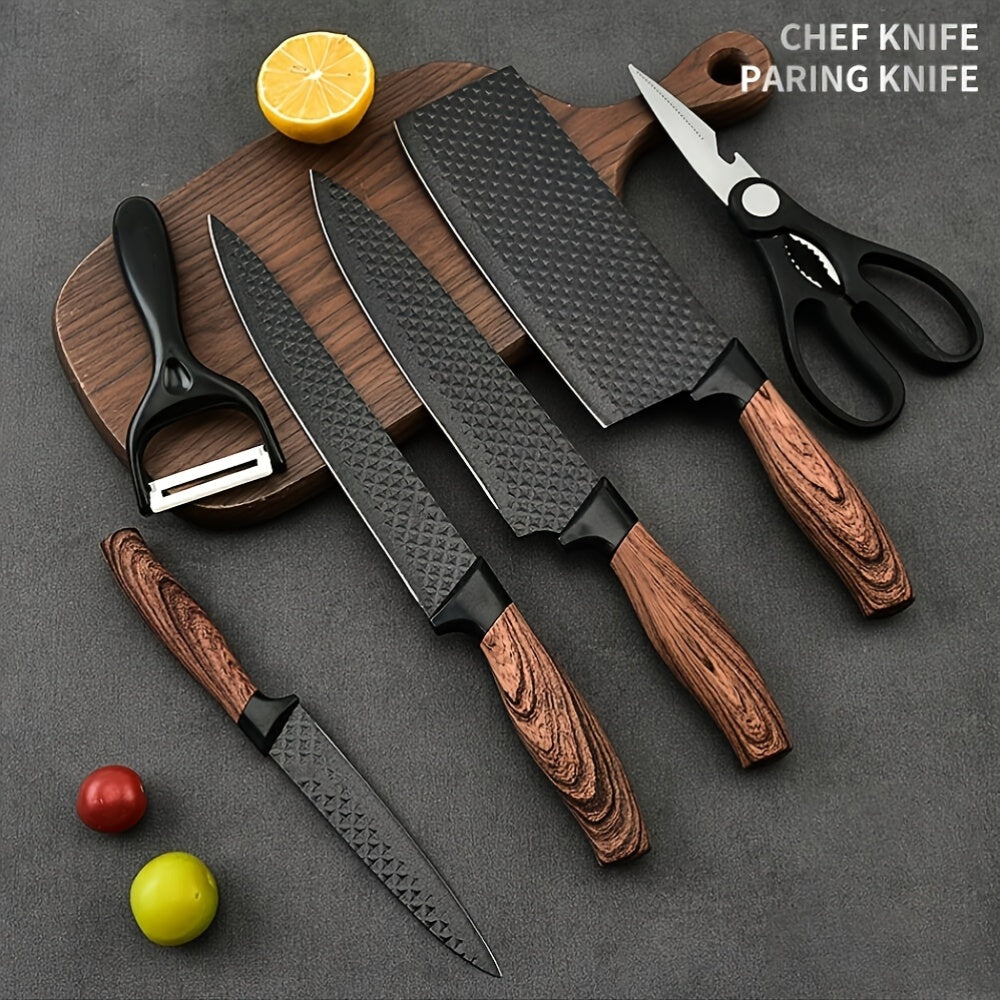 Professional 6/7pcs Cooking Utensil Set, Practical Knife, Peeler, And Scissors Made Of High-carbon Stainless Steel With Ultra-sharp Edges And Non-stick Ergonomic Wooden Handles. Chef'S Knife Set, Suitable For Family Travel, Vegetable, Meat