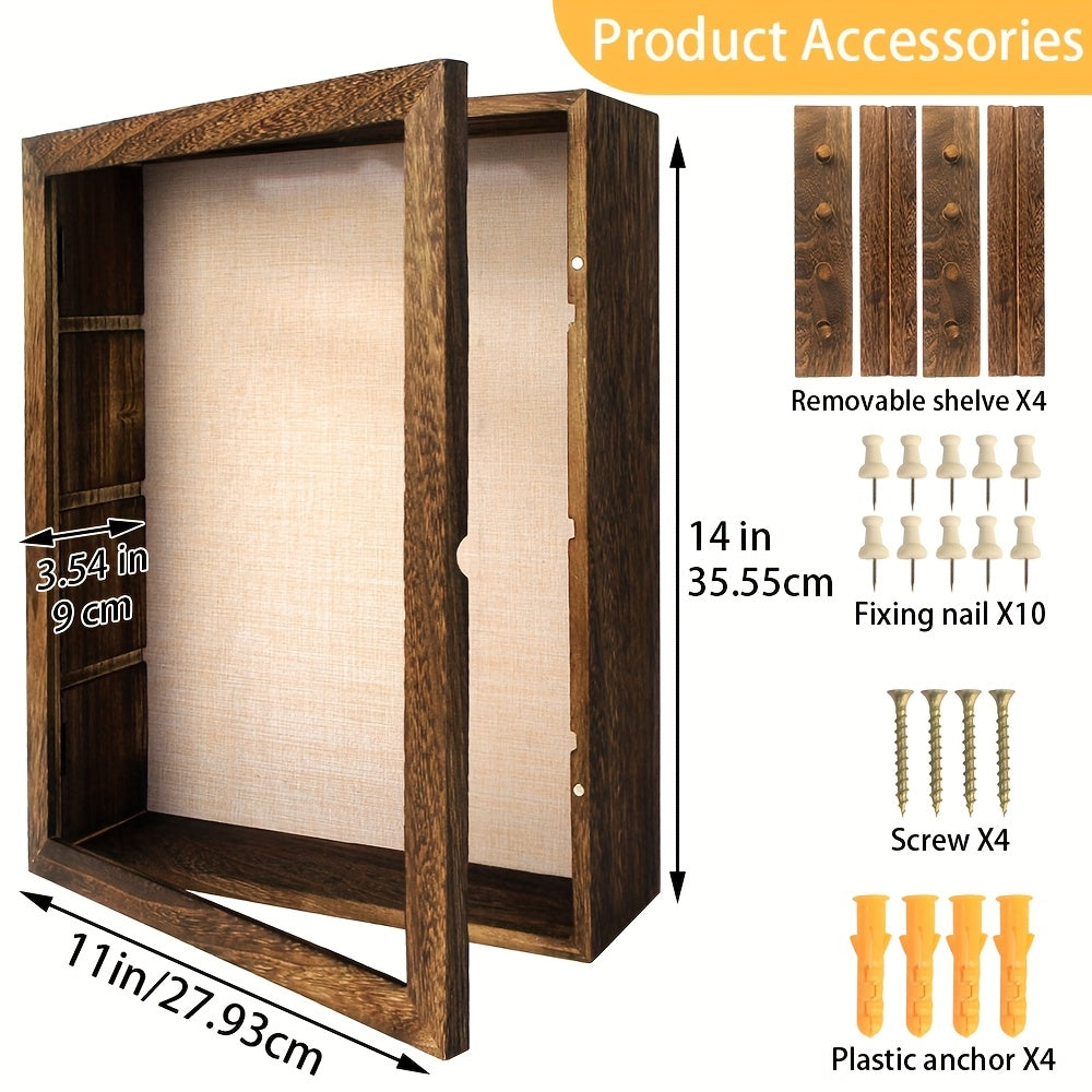 11X14/12X16 Shadow Box Frame with Linen Back - Large Rustic Memory Display Case for Flowers, Pictures, Championship Rings, Medals, Coins, Pins Collection And More, Including 4 Removable Shelves