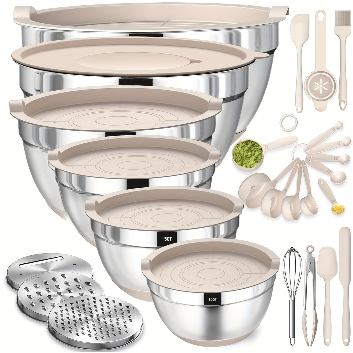 26pcs Mixing Bowls with Airtight Lids, Stainless Steel Bowls Set, 3 Grater Attachments & Black Non-Slip Bottoms Size 7, 4, 2.5, 2.0, 1.5, 1QT, Great for Mixing & Serving