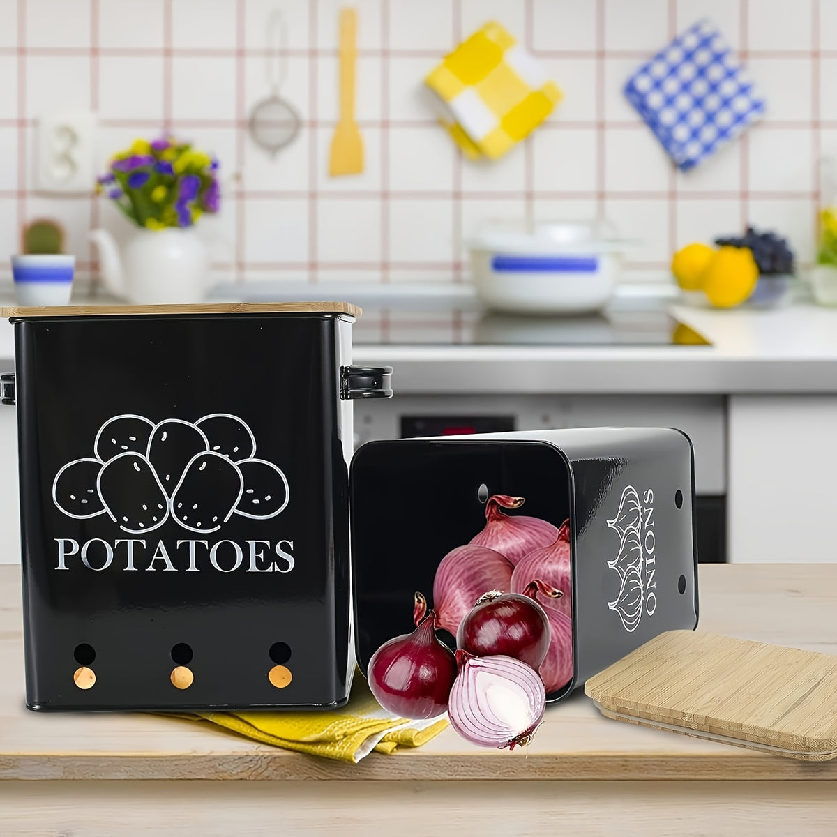 Kitchen Storage Canister, Potato Onion Storage Bin With Aerating Tin Storage Holes & Wooden Lid, Kitchen Organizers For Onion, Potato, Fruit, Black
