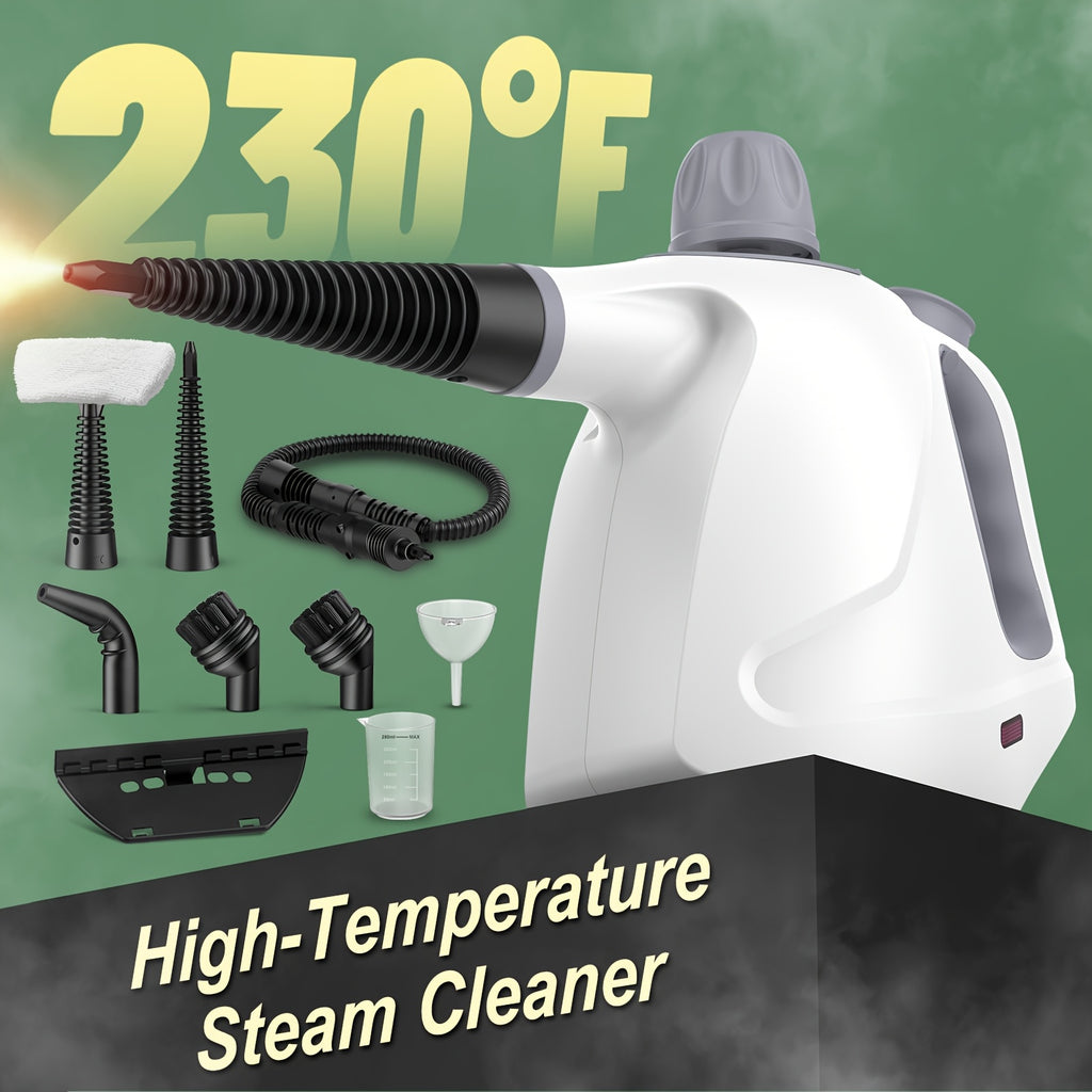 1pc 1050W Handheld Steam Cleaner | 12 Brush Heads, Fast Heat-Up, Chemical Free, Lightweight & Portable, Large 11.83oz Water Tank, Metal & Plastic, Plug, Safety Lock for Home, Car, Floor, Furniture