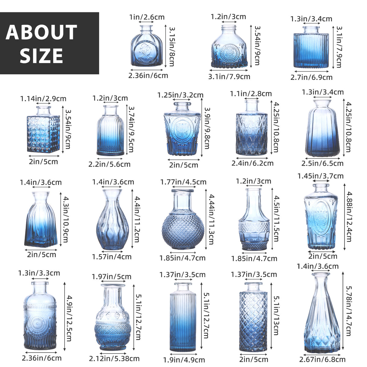 Whonline 18 Pcs Blue Bud Vases for Flowers, Vintage Clear Glass Vases Small Vases for Centerpieces for Home Table Decor Rustic Wedding Decorations, For Halloween and Christmas